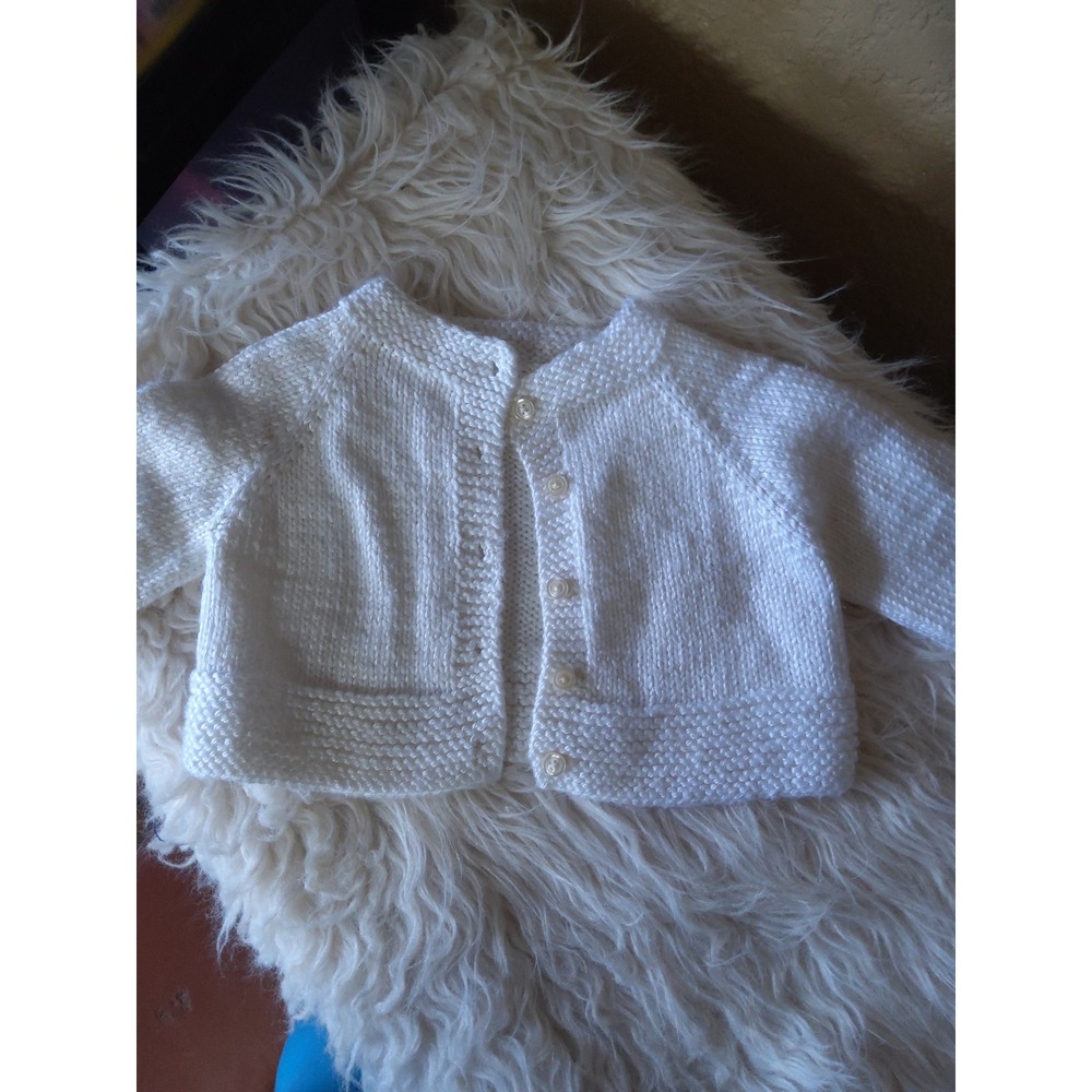 Handmade White Knit Baby Cardigan Button Front Raglan Sweater